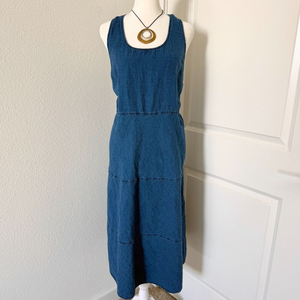 J.Jill Blue Denim Tiered Maxi Dress Linen Cotton Blend Boho Fairy Cottage Core L